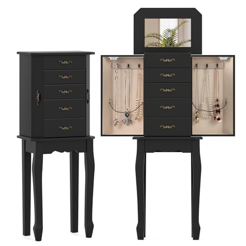 GOFLAME Jewelry Armoire Cabinet with Flip Top Mirror, Standing Jewelry Chest, Top Storage Tray, 4 Storage Drawers, 2 Side Doors with 6 Necklace Hooks, Vintage, Wood Stand Up Jewelry Box, Black - color: Black, size: 15” x 9” x 33.5”