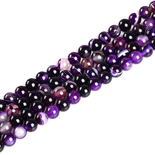 62Pcs Natural Crystal Beads Stone 6mm Purple Stripe Onyx Agates Gemstone Round Loose Energy Healing Beads for Bracelet Necklace Earrings Jewelry Making - color: Purple, size: 6MM