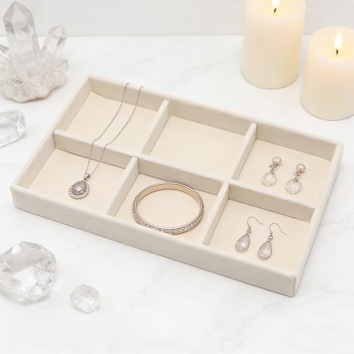 Velvet Jewelry Organizer Trays Beige Stackable Jewelry Storage Display Tray with Removable Dividers, 6 Grids - color: Beige