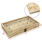 Mooca Wooden Display Storage Case with Tempered Glass Lid for Jewelry and Beads with 18 Compartments Tray, Oak Color, 15" W x 8 3/4" D x 2" H - color: Oak