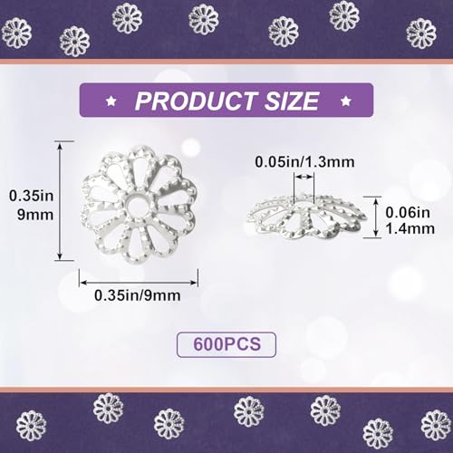 ANCIRS 600pcs 9mm Spacer Beads Caps for Jewelry Making, Metal Hollow Flower Bead Caps for Bracelet Necklace- Silver - color: Silver-600pcs-9mm