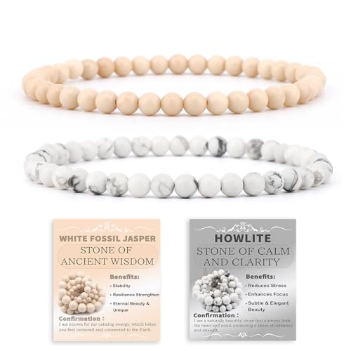 NCB 2.3-Piece 4mm Natural Crystal Gemstone Stretch Bracelets – Handmade Reiki Energy Healing Jewelry for Meditation,Yoga, Unisex - color: 2PCS ( Howlite+White Fossil Jasper ), size: 4mm