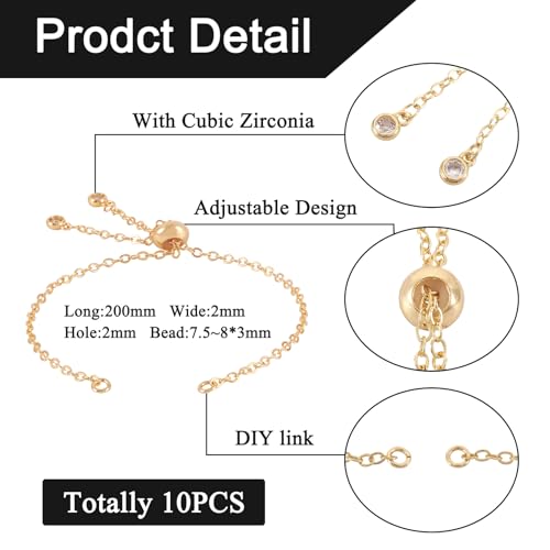 FASHEWELRY 10Pcs 18K Gold Plated Cable Chains Bracelet Adjustable Slider Bracelet Slider Extender Chains with Cubic Zirconia Ends for Woman Girl Jewelry Making, 7.87 Inch Long - color: 18K Gold Cable Chains, size: 7.87"