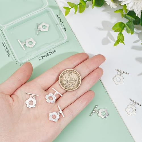 Beebeecraft 1 Box 10Pcs Bracelet Toggle Clasps 925 Sterling Silver Plated Flower T-Bar Clasps Toggle Ring Jewelry Findings Hole 1.2mm for Necklace Bracelet and DIY Jewelry Making - color: Silver