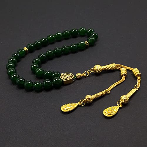 Simple Designed Natural Stone Worry Beads (8mm -33 Beads) - Prayer Beads Tesbih-Tasbih-Tasbeeh-Misbaha-Subha-Sebha-Sibha-Rosary (Green Jade -8 mm 33- Beads/Gold Tassel) - color: Green Jade -8 mm 33- Beads / Gold Tassel