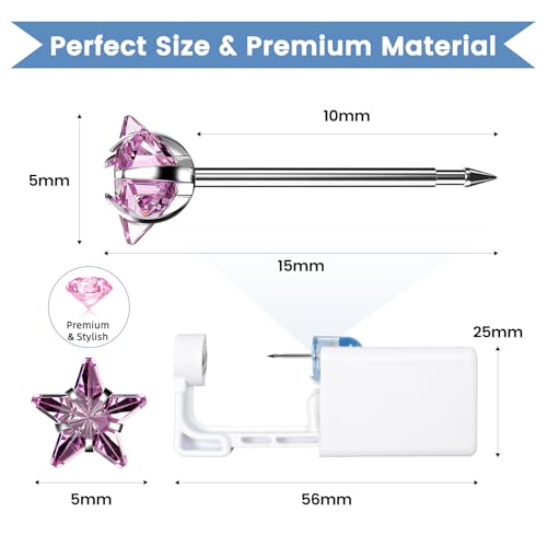 Nunpag 12 Pcs Ear Piercing Kit Disposable Ear Piercing Gun Kit with 4 Pcs 5 Prong Setting Cubic Zirconia Pink Star Earrings Stud 316L Stainless Steel Easy to Use Self Ear Piercer Gun Kit Tool Silver - color: Silver-Pink-Star