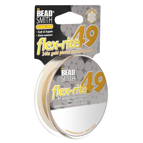 The Beadsmith Flex-Rite Beading Wire - 49-Strand Nylon-Coated Stainless-Steel Wire, 0.018" (0.45 mm) Dia, 24k Gold-Plated, 10 ft Spool, Durable Necklace & Bracelet String, for Jewelry Making Supplies - color: 24k Gold-Plated, size: .018” Dia - 10 Ft