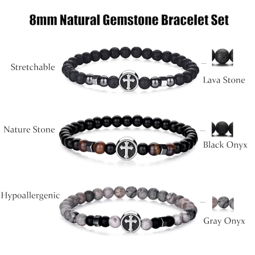 RANKEEF Tiger Eye Bracelet For Men 8MM Natural Stone Stretch Adjustable Black Crystal Beaded Bracelet for Men Women Gifts - color: 3,gray,black