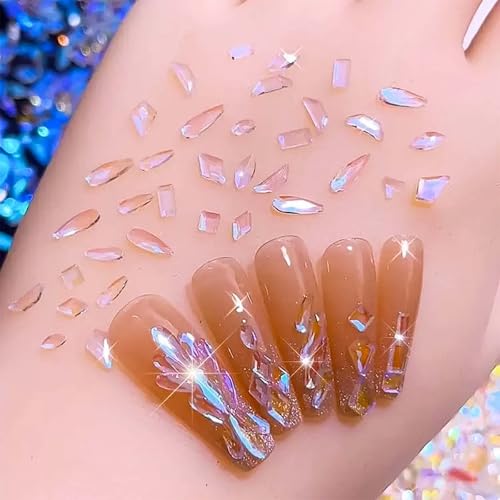 400Pcs Aurora Nail Art Rhinestones Mixed Shape Resin Crystal Nail Charms Iridescent Shapes Clear Nude Flatback Nail Art Charm Rhombus Heart Flower Butterfly Nail Diamonds for 3D DIY Nails Art Crafts - color: Transparent