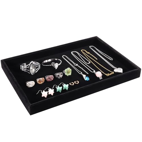2 Pcs 13.8" x 9.5" Velvet Jewelry Tray Jewelry Display Tray, Stackable Empty Plate Trays for Earrings Necklaces Bracelet Rings Display Showcase - Black - color: Black, size: Flat Tray 13.8"x9.5"