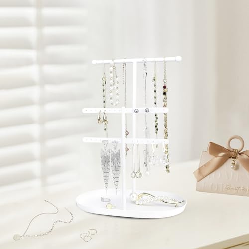 Saydear Elegant Jewelry holder Organizer 2-Tier Display Storage Stand for Earrings Necklaces with Ring Tray Spacious and Durable, Easy to Assemble White - color: White