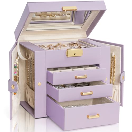 AKOZLIN 4-Tier Jewelry Box Leather Jewelry Storage Organizer with 3 Drawers Lockable for Women Girls Ring Necklace Earring Bracelet Holder with Mirror Purple - color: Purple-gold, size: Regular-4 Layer