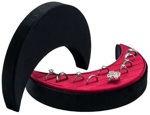 Velvet Multiple Ring Box Organizer Display Tray Crescent Moon Shape Jewelry Box Earring Holder Case for Wedding Birthday Christmas Day (Black and Red)