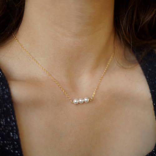 Pearl Necklace for Women- 14K Gold-plated/White Gold-plated Dainty Pearl Necklace for Women - color: Gold 3 pearls