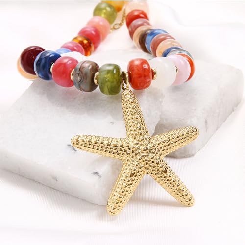 Chunky Beaded Starfish Shell Necklace for Women Colorful Boho Summer Chain Choker Beach Necklace with Acrylic Beads Trendy Chunky Jewelry Gifts - color: XL005F