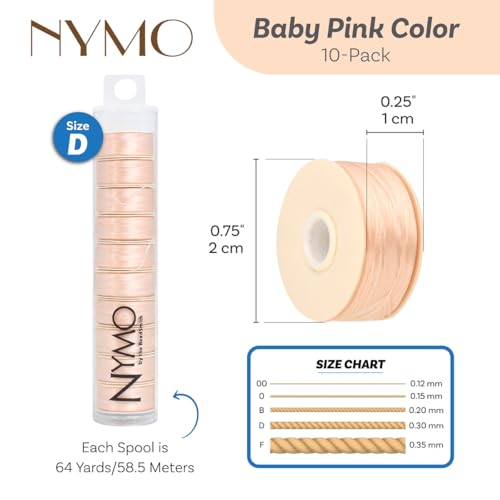 The Beadsmith Nymo Thread – 10-Pack Baby Pink Color – Size D, .30mm Diameter, 64 Yard/58.5 Meter Spool – Made of Nylon – Bead Embroidery & Weaving, Off Loom & Loom Work and DIY Craft Projects - size: Size D, 64 Yards, style: Pink