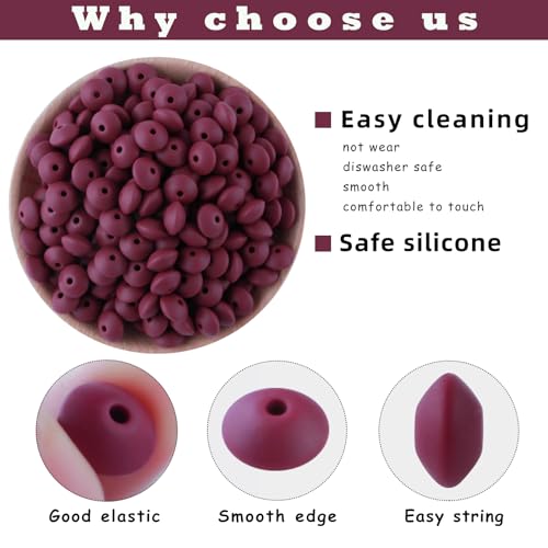 Sunrony 200Pcs Silicone Lentil Beads for Keychain Making, Bulk 12mm Silicone Abacus Spacer Beads for Necklace Bracelet Making Pens(Wine Red) - color: G-Wine red