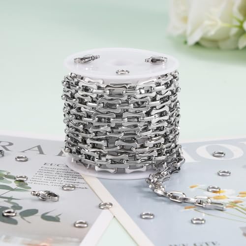 KYUNHOO 6.5FT/2M Stainless Steel Chunky Chains for Jewelry Making 10MM Long Bone Link Chain on Roll Silver Craft Jewelry with Clasps for Men Women DIY Necklace Bracelet - color: Bone Steel