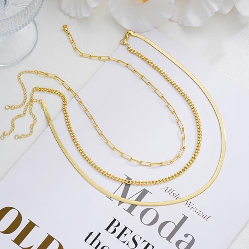Gold Layered Necklaces for Women, 14K Gold Plated Dainty Gold Chain Choker Necklace Stack, Herringbone Gold Necklaces Set - color: gold-3-snake