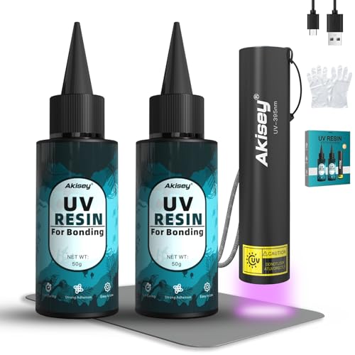 Akisey UV Resin Kit with Light, 100g UV Resin with Rechargeable 395NM UV Flashlight, Fast Curing in Seconds, UV Glue Adhesive for Bonding Jewelry, Plastic, Glass Repair, w/Mat, Gloves, Storage Bag - size: 100g