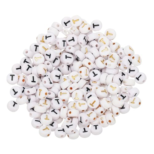 HARFINGTON 200 Pcs 4x7mm Acrylic Letter Beads, Round White Alphabet Beads Letter T, Alphabet Spacer Beads for Jewelry Making Bracelets Necklaces - style: Letter T