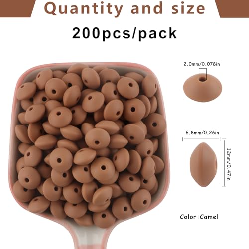 Sunrony 200Pcs Silicone Lentil Beads for Keychain Making, Bulk 12mm Silicone Abacus Spacer Beads for Necklace Bracelet Making Pens(Camel) - color: G-Camel