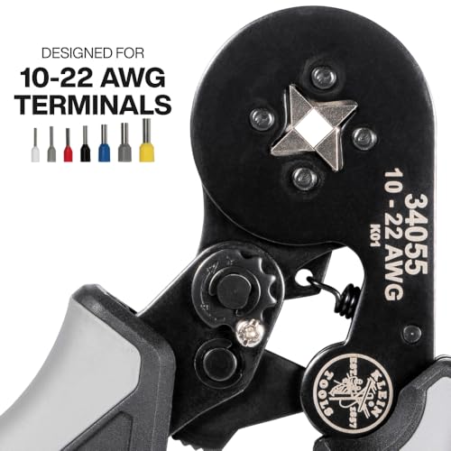 Klein Tools 34060 Ferrule Crimping Tool Set with Ratcheting Square Crimper Pliers, 1200 Wire Terminals (10-22 AWG), and Soft Carrying Case for Electrical Applications - size: Crimper w/ Terminals