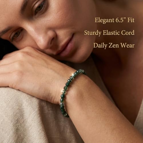 Angelstones Natural Gemstone Small Beaded Stretch Bracelet, 4mm Faceted Round Beads, Crystal Healing Bracelet for Women - color: Moss Agate