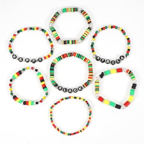 COLORFUL BLING 4th of July Bracelets for Women/Juneteenth African Beaded Stackable Layered Surfer Bracelets Rasta Jamaica Jewelry - color: happy-clay
