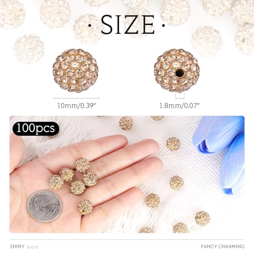 100 Pcs Light Brown Rhinestone Beads for Jewelry Making, Sparkle Crystal Clay Christmas for Bracelet Baseball Necklace Earring Crafting and DIY, Shiny Round Shamballa Disco Ball Beads Bulk - color: Light Brown, size: 100 pcs