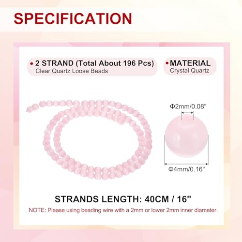 PATIKIL 4 mm Natural Clear Quartz Loose Beads, 2 Strands Crystal Round Stone Strand Beads Gemstone Loose Bead Spacer Beads for Jewelry Making DIY Necklace Bracelet, Pink - color: Pink, size: 4 mm