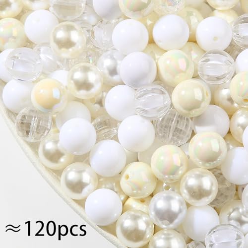 20mm Acrylic Beads 120pcs White Chunk Bubblegum Bead 20mm Multicolor Beadable Pen Ball Beads for Pen Bag Jewelry Making Necklace Bracelets (White) - color: white