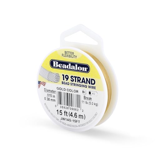 Beadalon 19 Strand Stainless Steel Bead Stringing Wire, .015 in / 0.38 mm, Gold, 15 ft / 4.6 m - color: Gold, style: .015 in / 0.38 mm