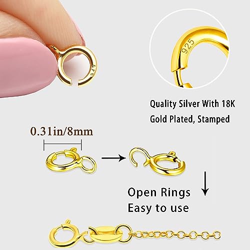 Spring Clasps Sterling Silver with Open Jump Rings Gold Necklace Clasps and Closures for Jewelry Making,Made in Italy - color: 3gold, size: 0.31inch