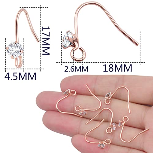30 Pieces Diamonds Fish Earring Hooks Brass French Rhinestone Ear Wire with Open Loop Hole for DIY Dangle Earrings Jewelry Making, Rose Golden - color: Rose Gold