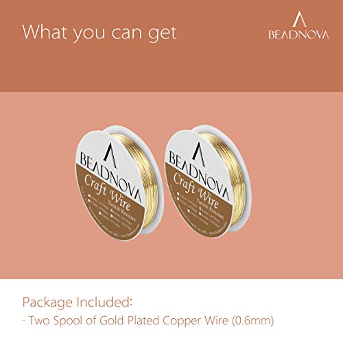 BEADNOVA Bare Copper Wire Tarnish Resistant Jewelry Making Wire (Gold Plated, 22 Gauge) - size: 0.6mm