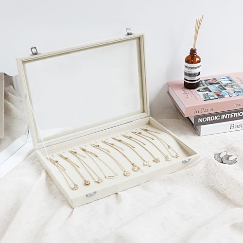 Wudygirl Necklace Organizer with Clear Glass Lid Stackable Jewelry Organizer Tray with 20 Hooks for Necklace Bracelet(Beige Necklace Box) - style: Beige Necklace Tray