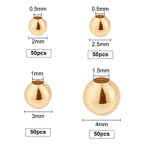 BENECREAT 200Pcs 18K Gold Plated Brass Beads Round Spacer Beads with 4 Mixed Size(0.5-1.5mm Hole) for Necklaces, Bracelets and Jewelry Making - color: Round-4 Sizes