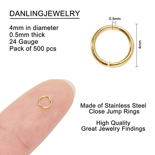 DanLingJewelry 500 pcs 304 Stainless Steel 25 Gauge Open Jump Rings 4mm for Jewelry Making Connectors Jewelry Finding Golden Color - color: 500 pcs - ф4mm δ 0.5mm - Golden