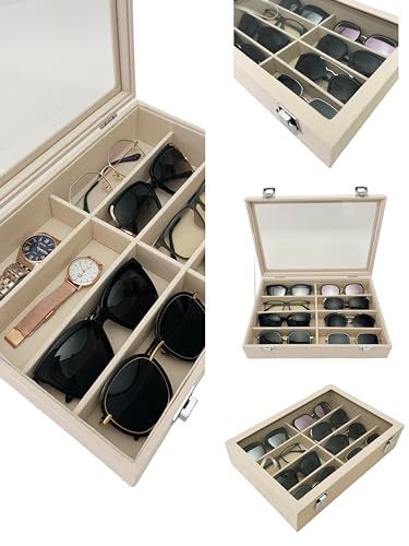 Large Beige Premium Quality Velvet Jewelry Display Box Tray Stackable Practical Trade Show Home Store Eyewear Tray with Glass Lid - color: Eyewear Tray with Lid
