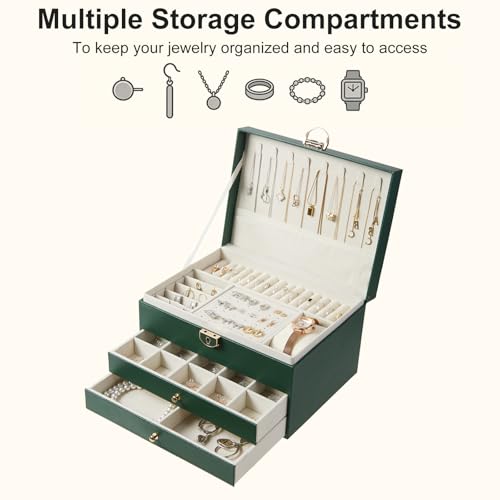 3 Layer Jewelry Box with Lock, Women Large Jewelry Holder Organizer with Drawer for Necklaces, Rings, Bracelets, Earrings, Watches, Valentines Gift for Mom Girl Wife (Green) - color: Green