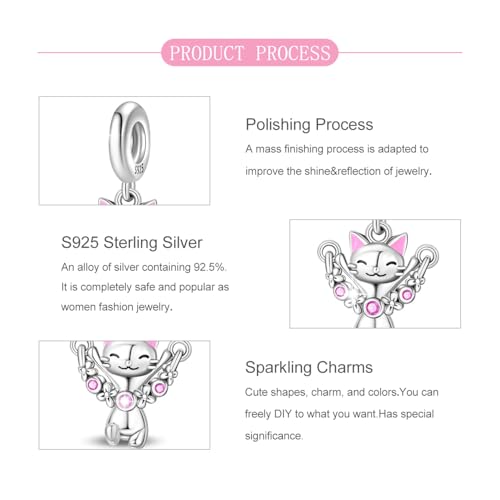 925 sterling silver Bead Charm for Pandora bracelets and Necklaces - Cute Heart Animal Ocean Pendant Bead Charms with Cubic Zirconia Mother's Day Jewelry Making DIY Gifts for Women Wife/Girlfriend - color: Jumping Cat Pendant