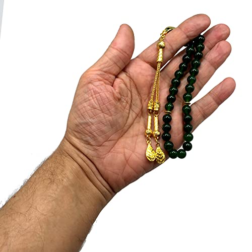 Simple Designed Natural Stone Worry Beads (8mm -33 Beads) - Prayer Beads Tesbih-Tasbih-Tasbeeh-Misbaha-Subha-Sebha-Sibha-Rosary (Green Jade -8 mm 33- Beads/Gold Tassel) - color: Green Jade -8 mm 33- Beads / Gold Tassel