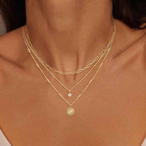 Layered Necklaces for Women, Dainty 14K Gold Plated Circle Peadant Chain Necklace Set Simple Paperclip Stacked Necklaces for Women Trendy Gold Jewelry - color: set1