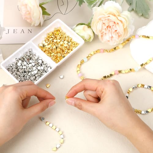 Augshy 700Pcs Silver Gold Heart Beads, Heart Spacer Beads for Bracelets Jewelry Bracelet Making Birthday Party Necklace Friendship DIY Crafts - style: Gold Silver Heart Style