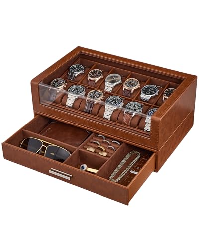 ProCase Watch Box for Men, 12 Slots Watch Display Holder with Clear Acrylic Top, Large Capacity PU Leather Case with Drawer Organizer, Jewelry Storage, Ideal Gift for Men Women -Brown - color: Brown, size: 12-Slot