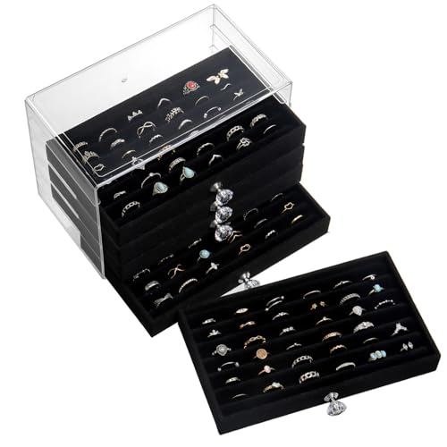 SPAKOWN Ring Box Display Holder, Clear Velvet Jewelry Storage Tray Organizer for Ring Stud Earring (Black, 5 Drawers) - color: Black, size: 5 Drawers