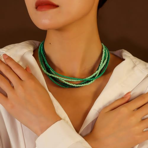 Multilayer Seed Beaded Necklaces for Women Bohemian Bead Choker Necklace Statement Layered Bead Necklaces Summer Jewelry Gift - color: Green