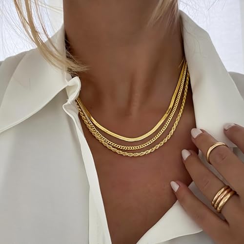 Gold Layered Necklaces for Women, 14K Gold Plated Dainty Gold Chain Choker Necklace Stack, Herringbone Gold Necklaces Set - color: gold-3-Herringbone