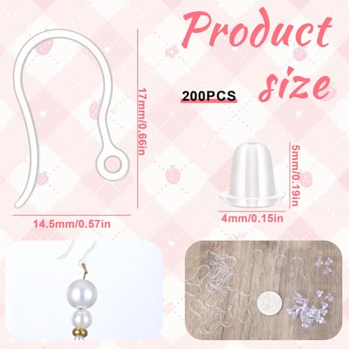 100 PCS Clear Plastic Earring Hooks, Anti Allergy Ear Wire Plastic Earrings with 100 Earrings Backs, Clear French Earring Hooks for Jewelry Making DIY for Sensitive Ears